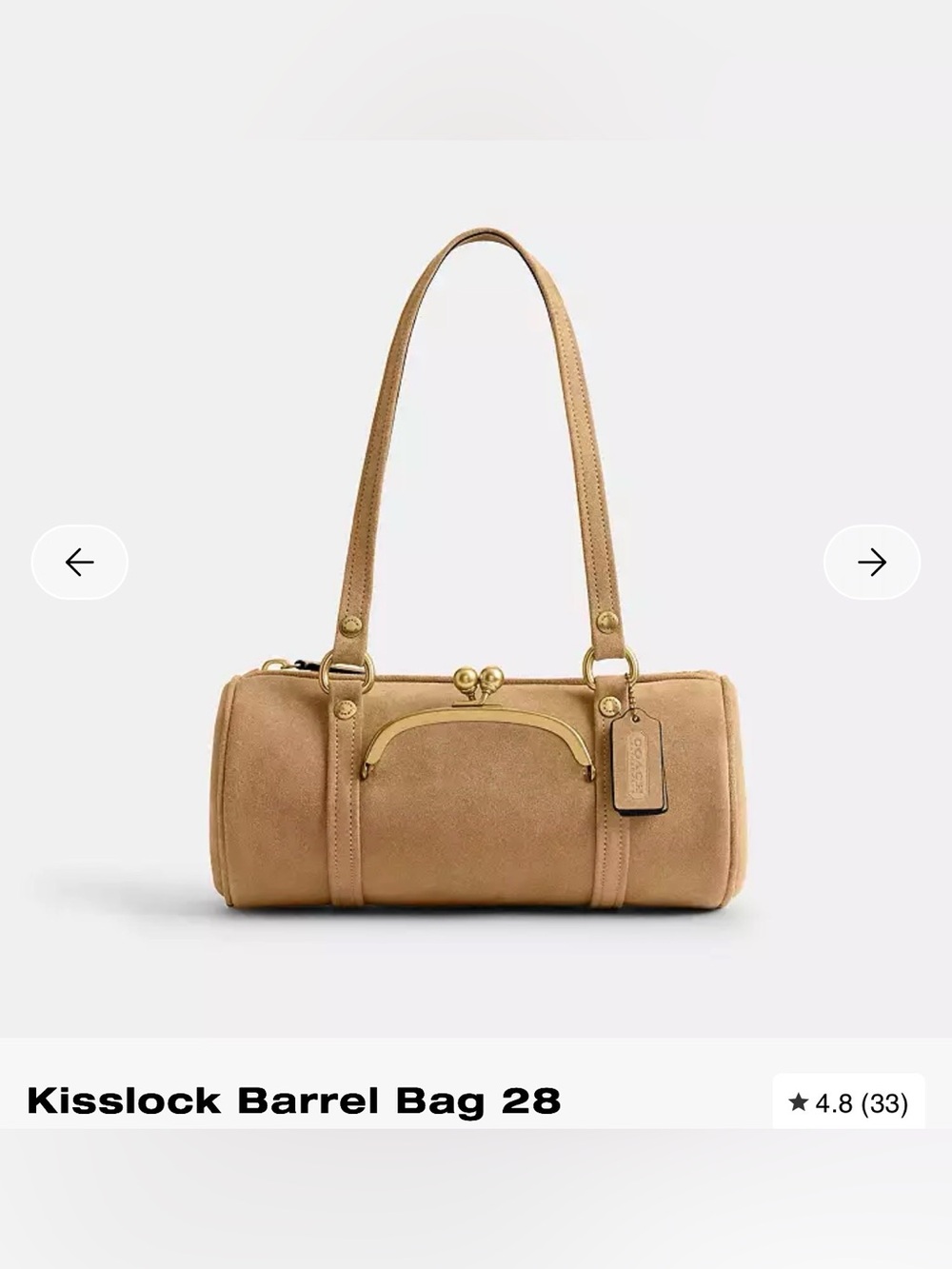 Coach Suede Tan Barrel 28 Shoulder Bag with Gold Hardware